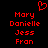 Red pixelated text listing names Mary Danielle Jess Fran on black background with red heart symbol above.