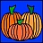 Pixelated pumpkin icon with three pumpkins on a blue background, each featuring green stems and striped orange-brown patterns.
