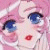 Pixelated anime-style close-up of a character's face with pink hair, blue eyes, and red lips against a soft pink background.