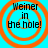 Four identical circular icons with orange concentric rings on a cyan background, each displaying the text "Weiner in the hole!" in black pixelated font.