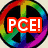A colorful peace symbol with rainbow gradient overlaid by red 'PCE!' text, a cyan 'LUV!' graphic on white background, and yellow smiley face with pink 'HAPPINESS!' banner.