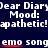 Dark blue background with repeated white text 'Dear Diary' and 'Mood: apathetic!' in pixelated font, red underlines beneath 'emo song' phrases.