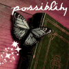 A butterfly rests on a green book with gold detailing, set against a pink wooden background, with the word 'possibility' written above and white stars scattered below.