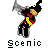 Pixelated character in black outfit with red and yellow accents, holding gray object above head; two versions labeled 'Scenic' and 'City'.
