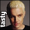 Six- of a person with platinum blonde hair against gray background, each showing different facial expression and 'tasty' text in white or red