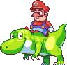 Pixel art of a character in red cap and overalls riding a green dinosaur with white spots on its body.
