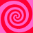 Four red spiral patterns arranged in a on a pink background, each spiral rotating clockwise with alternating red and pink stripes