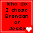 Red square with black text "Who do I chose Brendan or Jesse" and white heart symbols, four variations showing different heart counts.