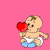 Pixelated baby in white diaper and blue pants holding red heart, with variations showing different poses and a blonde girl with yellow bow.
