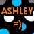 Pixelated icon with orange text 'ASHLEY' over black background, white speech bubbles, blue circular shapes, and an orange '=)' smiley face.