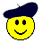 A 3x3 grid of nine pixelated yellow smiley faces wearing dark blue berets, each with distinct facial expressions across sampled frames on a gray background.