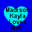 Four identical heart-shaped icons with blue background and cyan hearts displaying text "Madison Kayla Loves Matt!" in black pixelated font.