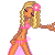 Pixel art of a blonde woman in pink bikini with flower, extending arm toward 'Pretty In Pink' text on white background.