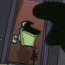 Animated sequence showing a dark shape interacting with a light green object against a brown background, transitioning through multiple poses.