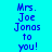 Blue pixelated text on cyan background with yellow horizontal bars, displaying 'Mrs. Joe Jonas to you!' in multiple positions across frames.