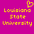Yellow pixelated text and heart symbol on magenta background, split into two identical sections with 'Louisiana State University' text.