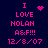 Pixelated pink text on dark blue background displays 'I LOVE HOLAN A&F!!! 12/8/07' with two distinct animated symbols replacing static elements.