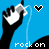 Pixelated hands holding white earphones against a blue background with two heart symbols and 'rock on' text.