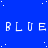 Blue background with white pixelated text repeating 'BLUE' in three , scattered white dots resembling stars, and a gray rectangle at bottom right