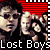 repeated pixelated images showing a person with dark hair and sunglasses making a fist gesture, with red striped background and 'Lost Boys' text