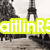 Black-and-white Eiffel Tower image with yellow text overlay, transitioning to grayscale without the text.