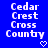 Blue background with white pixelated text "Cedar Crest Cross County" and a white pixelated heart symbol at bottom right.