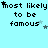 Pixelated text "most likely to be famous" repeated across a light blue background with scattered star symbols, some of which change position or visibility.