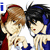 Two anime-style characters with headphones interact; one character's hand moves toward the other's face while text changes from 'love' to 'light and' across frames.