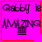 A bright pink square with red border displays 'Gabby is AMAZING' text and a purple trash can icon, featuring two distinct animation states.