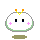 Pixelated white circular character with green outline, orange and yellow antennae, pink blush marks, and black eyes or lines, displayed in four variations with differing facial features and appendages.