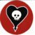 Two side-by-side animated frames of a buddy icon: left frame shows a red circle with black heart outline containing white skull; right frame shows three people standing in front of blue background.