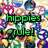 Pixelated collage of colorful abstract shapes with green text 'hippies rule!' over a blue background, a heart-shaped 'Love' graphic on pink, and peace symbols with 'Peace Love Happiness' text.