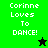 Green and black pixelated icon with 'Corinne Loves To DANCE!' text, featuring a star symbol change between frames.