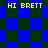 Yellow text 'HI BRETT' appears on a blue and dark green checkered background with diamond-shaped patterns.