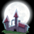 Pixelated castle with red roofs and purple walls under a full moon, surrounded by green grass and flying bats.