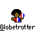Pixelated character with brown skin and black afro holds French flag; text below reads 'Globetrotter' in blocky font.