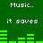 Green background with white text reading "Music.." and "it saves" above and below green audio equalizer bars that change shape across frames.