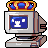 Pixel art of a computer monitor wearing a crown with blue and red gems, displaying a cursor on its screen.