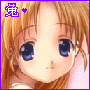 Pixelated anime-style icon of a girl with orange hair and blue eyes, featuring purple text in the top-left corner.