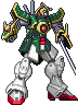 Four pixel-art mecha poses with green, gold, white, and red color scheme; each has sword in right hand and dragon head on left shoulder.