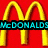 Two side-by-side pixelated images: left shows yellow arches on red background with cyan text, right shows fries in a container with purple text.