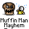 Animated contact sheet showing six frames of a pixel art icon featuring a large muffin character and small stick figure, with text "Muffin Man Mayhem" below each frame on gray background.