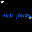 Blue text 'Nick j0nAs' repeats across a black background with scattered white and gray stars, some stars animate to change position.