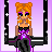 Pixel art of a character with orange hair and blue eyes in a purple outfit, seated against a light purple background with black vertical bars.