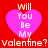 Four pink hearts on red background with white text reading 'Will You Be My valentine? Valentine?' in pixelated font.
