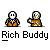 Animated contact sheet of pixel art buddy icons showing a character in orange suit with white dots across multiple frames featuring text bubbles and pose variations.