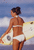 A pixelated image of a person in a bikini holding a surfboard against a beach backdrop with blue sky and water.