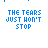 Blue pixelated text 'THE TEARS JUST WON'T STOP' on white background with animated blue dot patterns shifting across frames.