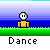 Pixel art character in yellow outfit dancing on green grass with blue gradient background, text "Dance" below each frame.