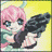 Pixelated anime-style character with pink hair and blue eyes, holding a black object against yellow-green backgrounds.
